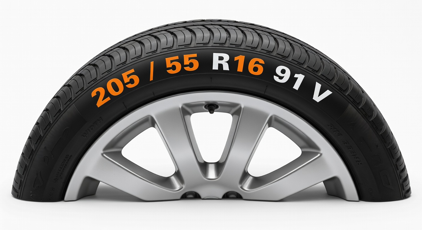 A tyre sidewall showing width, profile, rim, load index and speed rating